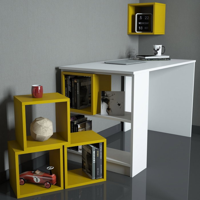 Hanah Home Escritorio de estudio y estantería Blanco y Amarillo